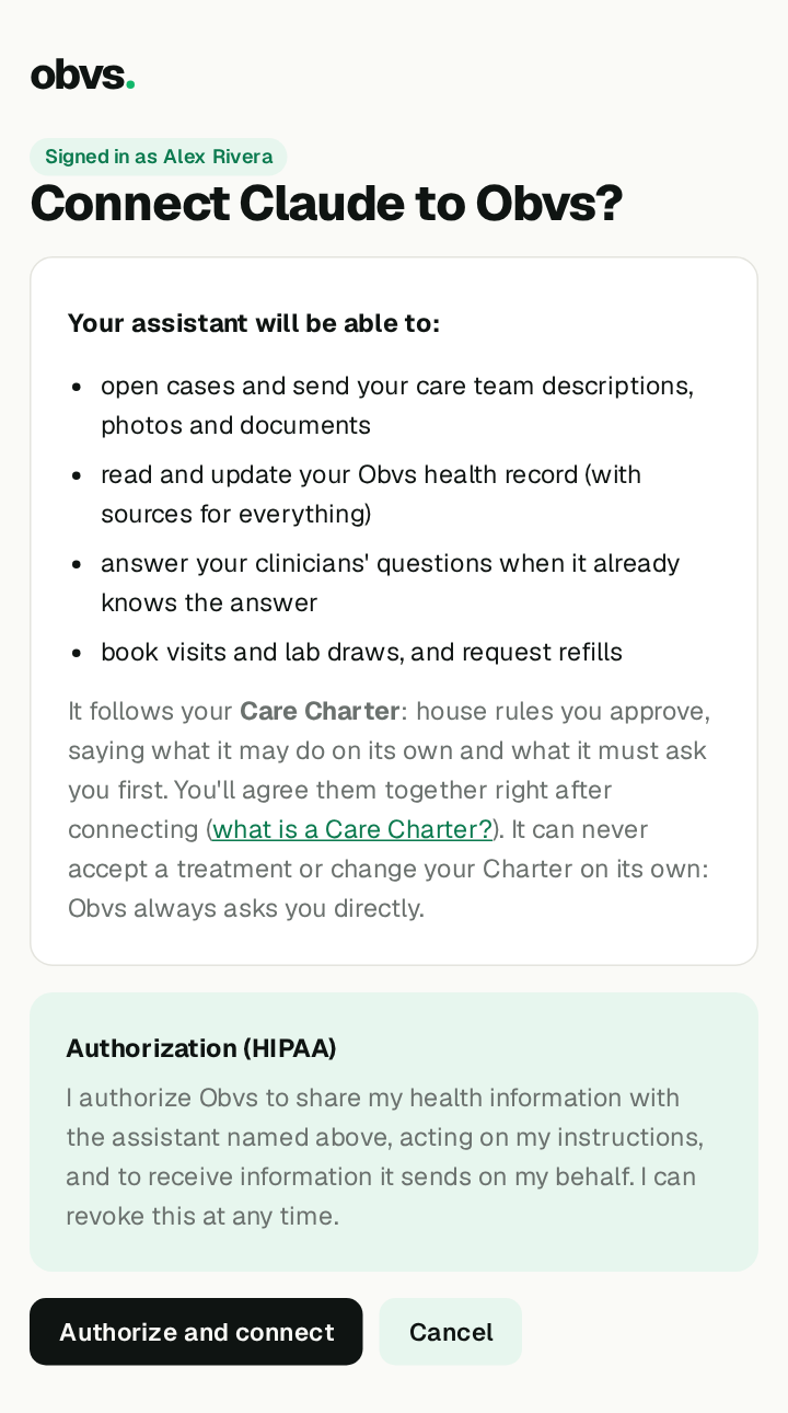 Obvs page asking to allow the assistant