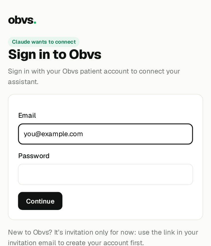 Obvs sign-in page